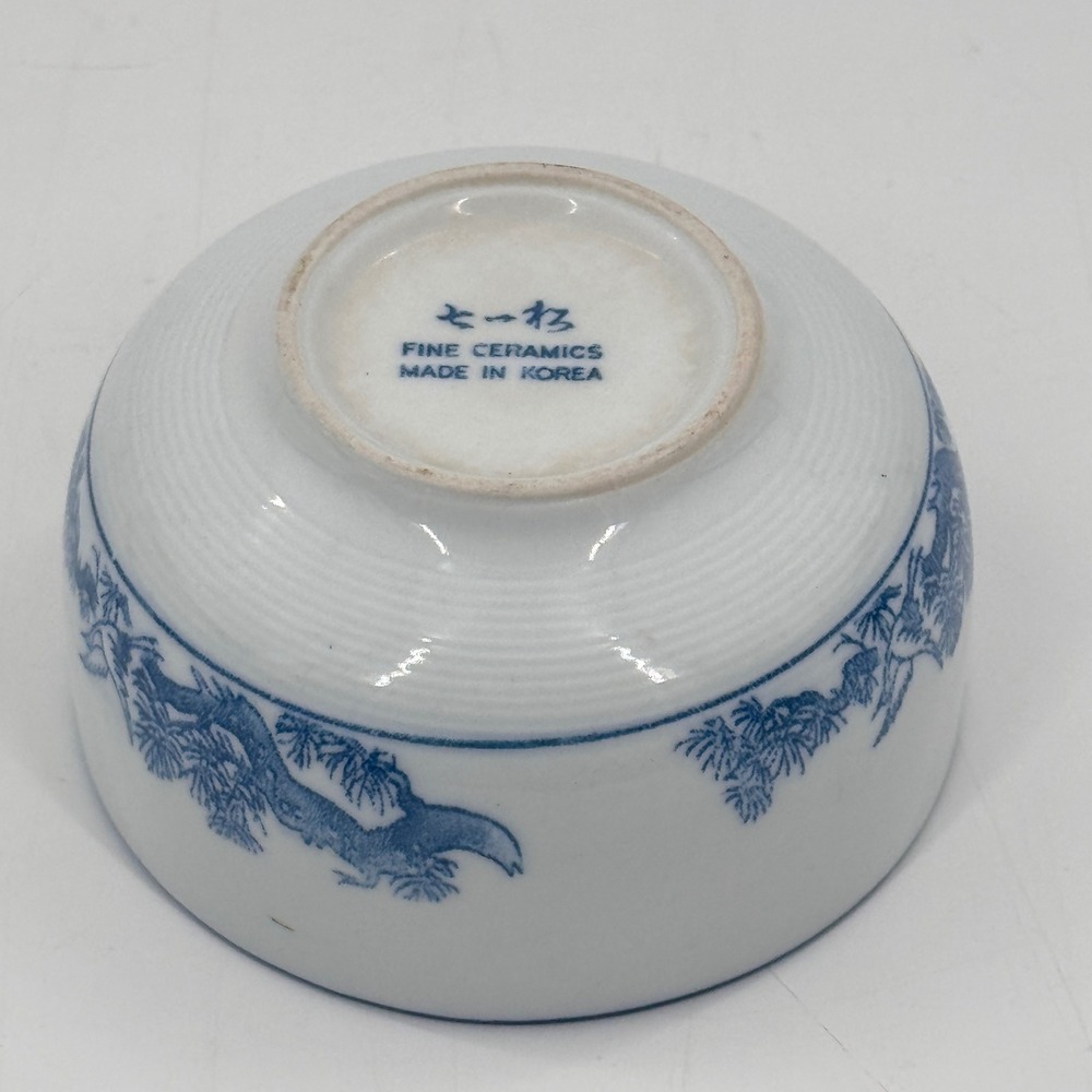 Vintage Korean Porcelain Rice Bowl Blue Green Crane Pine Tree Korea - Picture 6 of 8